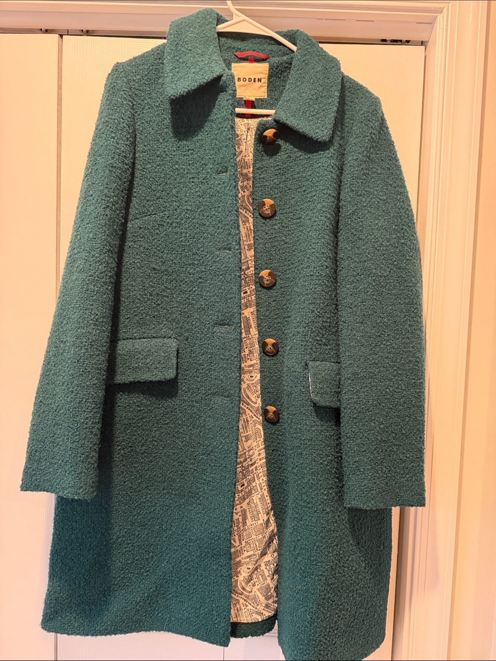 Boden Teal Bouclé Single-Breasted Pea Coat with Notched Collar